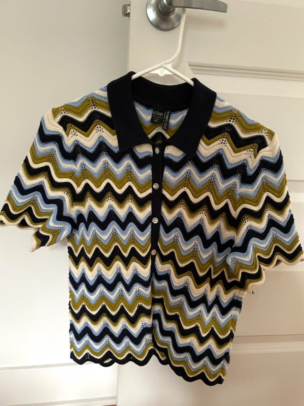 Simons Knit Zig Zag Polo Top with Scalloped Hem